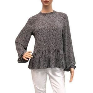 LOFT Gray Floral Ruffle Hem Peplum Blouse Long Sleeves Sz S
